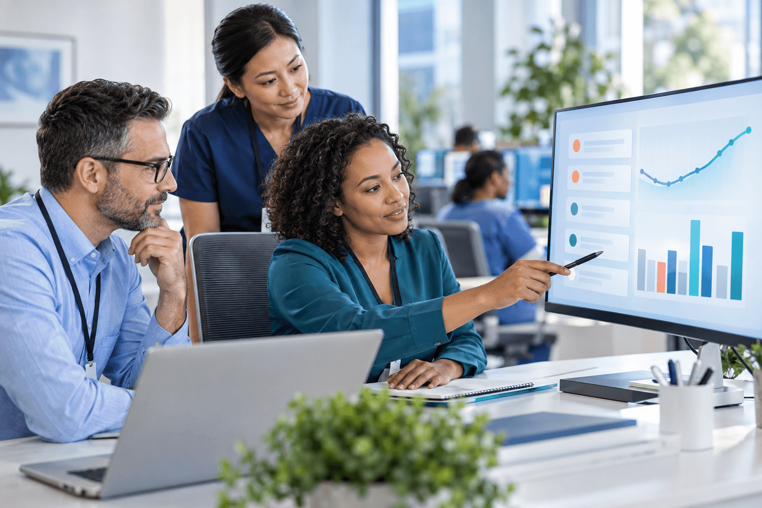A healthcare revenue cycle team reviewing claims and work queues