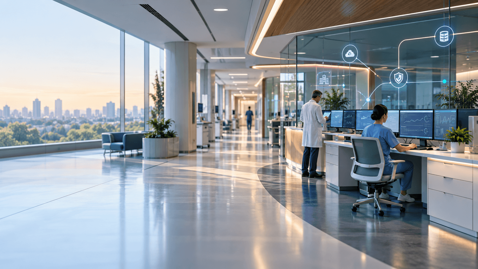 A modern healthcare operations environment where clinicians work with connected digital systems