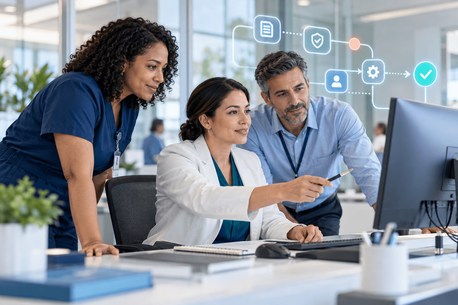 A healthcare operations team coordinating a prior authorization workflow